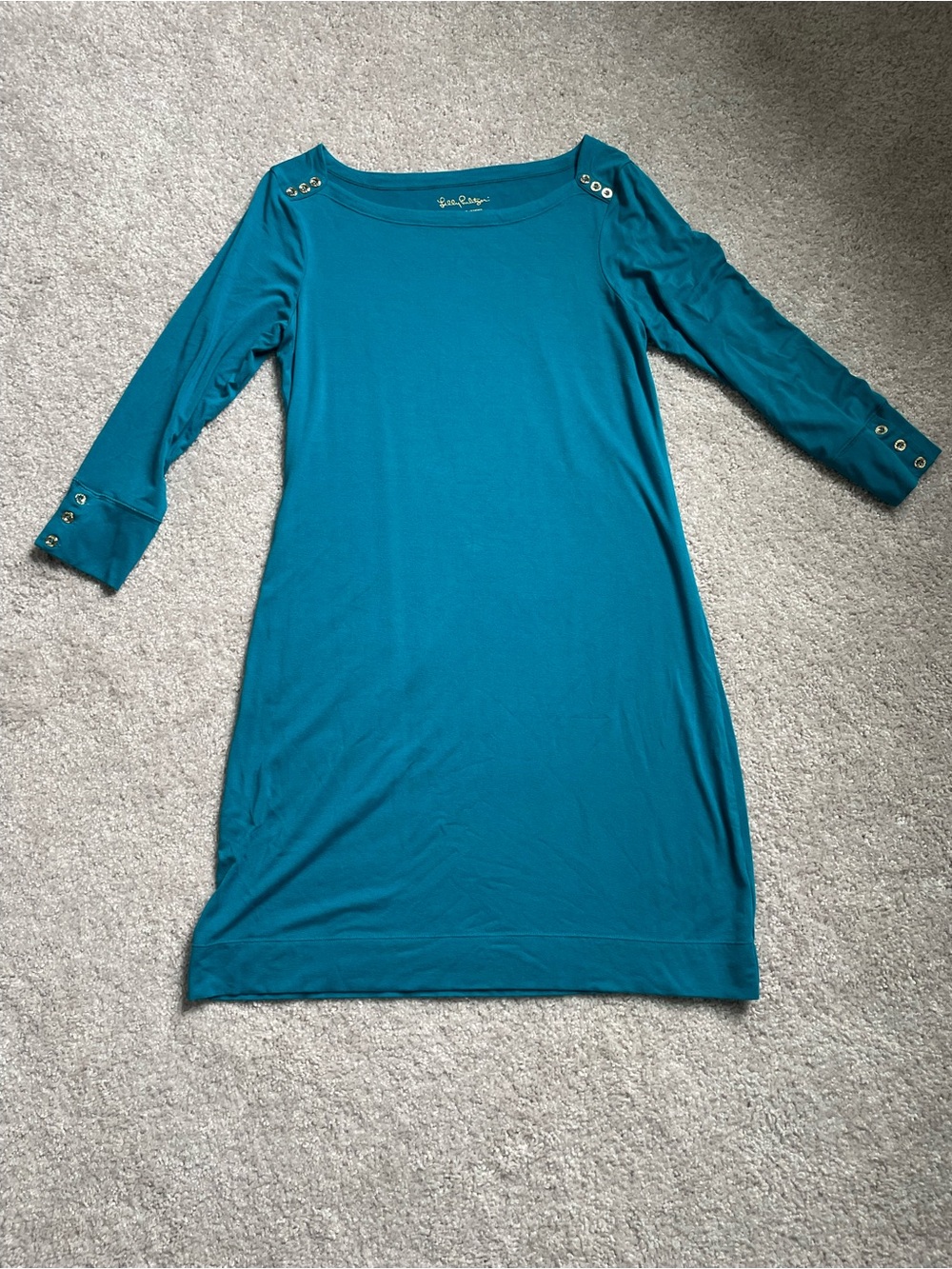 Lilly Pulitzer Teal Boatneck Shift Dress with Grommet Accents